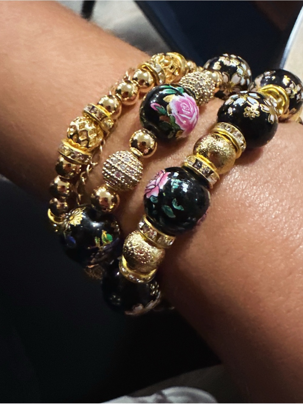 Gold-Tone Black Floral Bead Stretch Bracelet Set